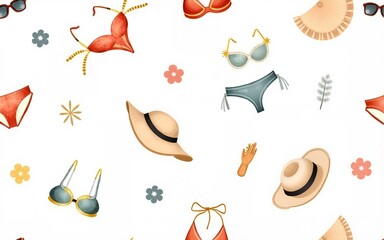 Summer apparel for beach vacation bikini swimsuit floppy hat flip-flops sunglasses, watercolor illustration seamless pattern on white background. Watercolor seamless pattern with beach vacation