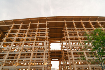 Osaka-Kansai, japan - may 2 2025 Construction details with teak wood, joints between elements