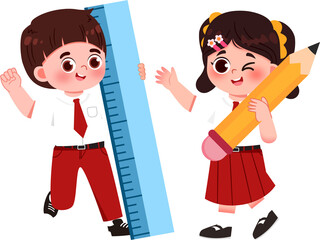 Cartoon Schoolchildren with Ruler and Oversized Pencil, Back to School Illustration