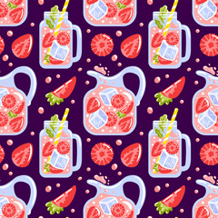 Seamless pattern with refreshing strawberry lemonade in a pitcher. Bright strawberries, piquant berry slices create a cheerful summer atmosphere, perfect for drinks and desserts.
