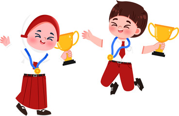 Joyful students celebrate success with trophies and medals, illustration.