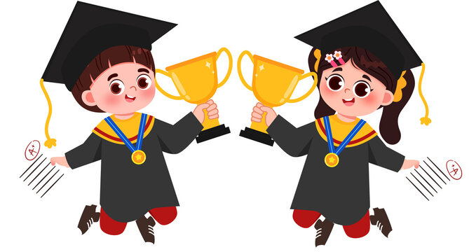 Graduation Joy: Children Celebrating Success with Trophies and Top Grades