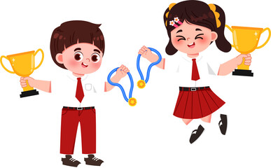 Triumphant Students: School Uniforms, Golden Trophies & Medals, Joyful Achievement.