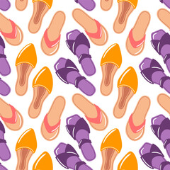 This seamless pattern showcases trendy summer sandals, perfect for capturing the spirit of sunny days. Ideal for fashion projects, beachwear, and vibrant designs that celebrate summer style and warmth