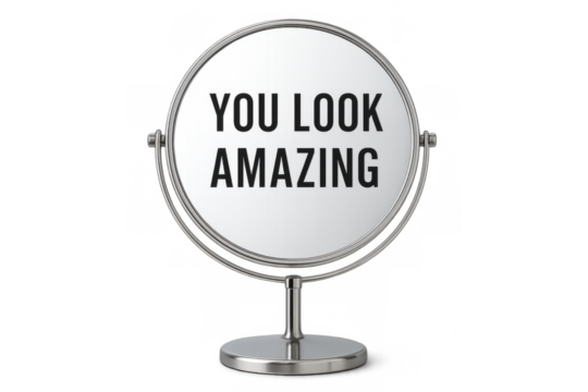 Round desktop mirror showing you look amazing message on transparent background