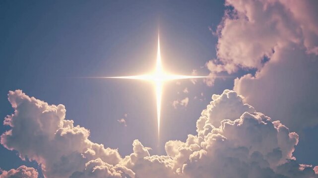Radiant light shining from behind clouds in form of cross, symbolizing divine presence, Christian faith, resurrection hope, heavenly glory, and sacred connection between earth and God