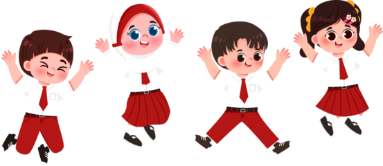 Cheerful Cartoon Schoolchildren Jumping in Uniforms, Full of Joy.