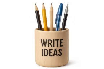 Wooden pen holder with pencils and pens invites to write ideas on transparent background