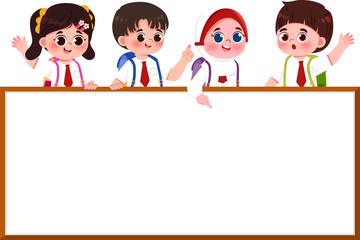 Cartoon Kids in Uniform Behind Blank Sign, Waving and Pointing.