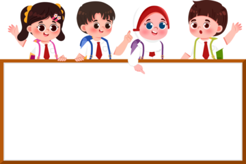 Cartoon Kids in Uniform Behind Blank Sign, Waving and Pointing.