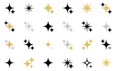 seamless vector pattern of black, gold, and silver starbursts on white background for festive wrapping, wallpaper, or textile design