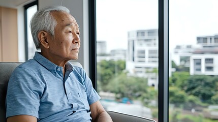 Senior Asian man in blue shirt gazing thoughtfully through window of high-rise apartment, contemplative expression while sitting alone against urban cityscape background.