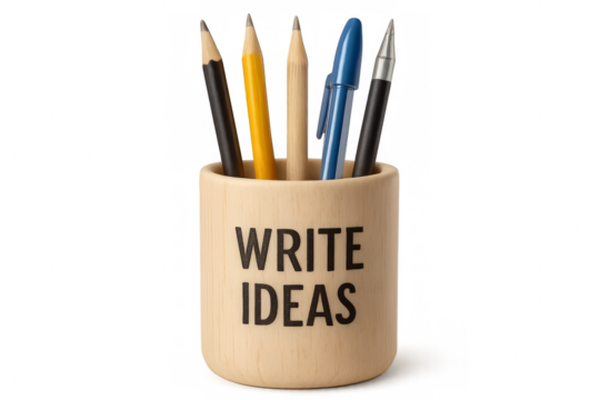 Wooden pen holder with pencils and pens invites to write ideas on transparent background - Powered by Adobe