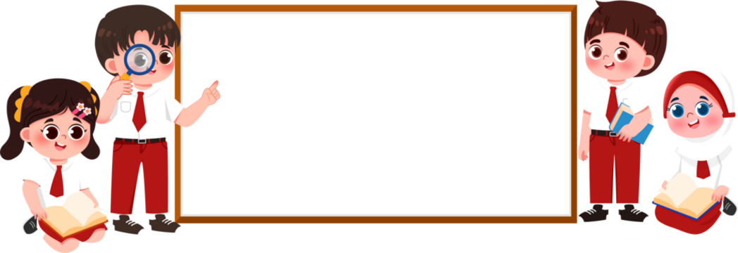 School children with books, magnifying glass, and lunchbox framing blank whiteboard. - Powered by Adobe