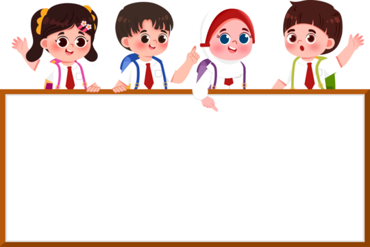 Cartoon Kids in Uniform Behind Blank Sign, Waving and Pointing.