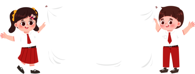 Cartoon Schoolchildren Holding Blank Banner, Red and White Uniforms