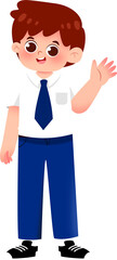 Cartoon Boy in School Uniform Waving Hello.