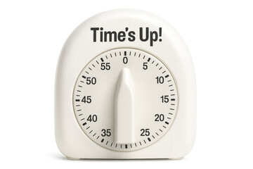 White kitchen timer showing time's up on transparent background