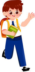 Energetic Schoolboy Waving, Book in Hand, Ready for Learning Adventure.