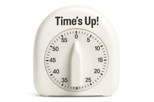 White kitchen timer showing time's up on transparent background