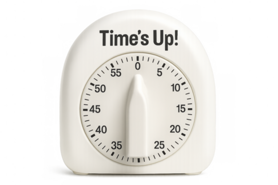 White kitchen timer showing time's up on transparent background