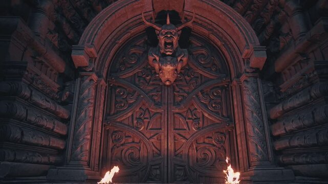 Massive demonic gates of hell with dark stone carvings, fiery torches, and satanic imagery, symbolizing eternal damnation, evil, spiritual danger, apocalyptic prophecy, and the terrifying boundary bet