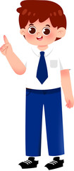 Fototapeta premium Cartoon Boy in School Uniform Pointing Upward.