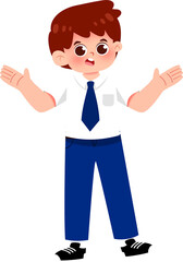 Cartoon Boy in School Uniform, Open Arms, Curious Expression.