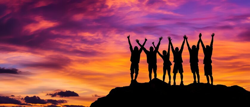 Group of friends celebrating sunset on a mountain top, raising hands together, enjoying nature and adventure in silhouette against vibrant sky.