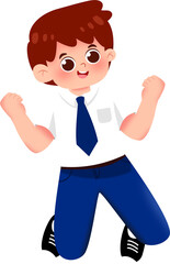Joyful cartoon boy in school uniform jumping with excitement, celebrating success.