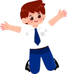Joyful Cartoon Boy in School Uniform, Arms Outstretched