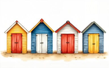 Set of hand painted, colorful watercolor beach huts. High quality