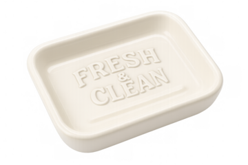 Empty soap dish with fresh and clean lettering on transparent background