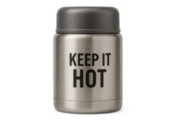 Metal thermos keeping food hot on transparent background