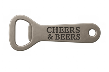 Metal bottle opener saying cheers and beers on transparent background