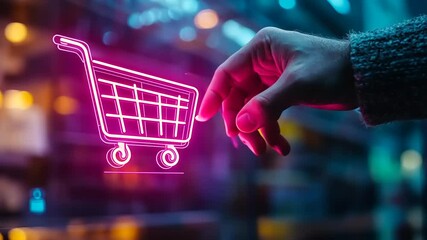 Hand interacting with a glowing shopping cart icon in a modern retail environment at night - Powered by Adobe