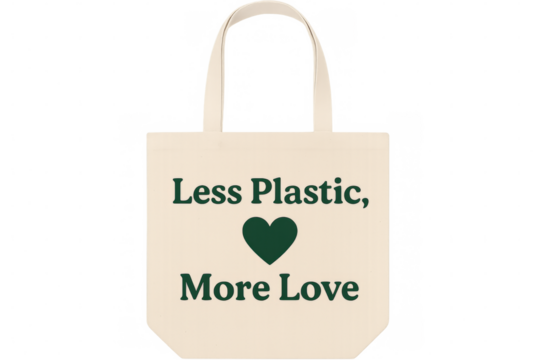 Promoting sustainability with a less plastic, more love tote bag on a transparent background