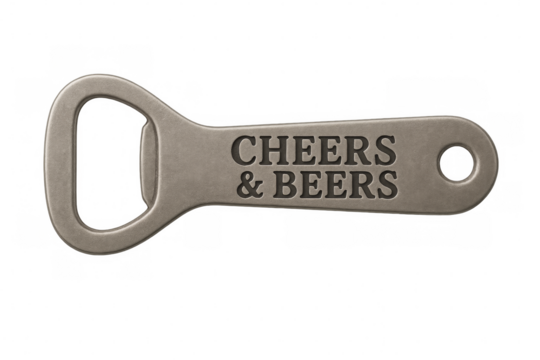 Metal bottle opener saying cheers and beers on transparent background