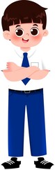 Cartoon Boy in Uniform with Arms Crossed, Smiling.