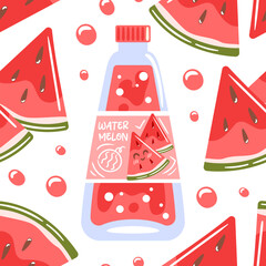 Seamless pattern featuring watermelon soda in a glass bottle, complemented by juicy watermelon pieces, creating a fun and refreshing design ideal for summer-themed projects and beverage illustrations.
