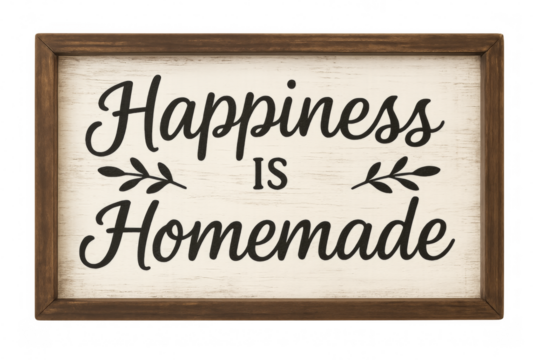 Happiness is homemade rustic sign promoting family values on transparent background