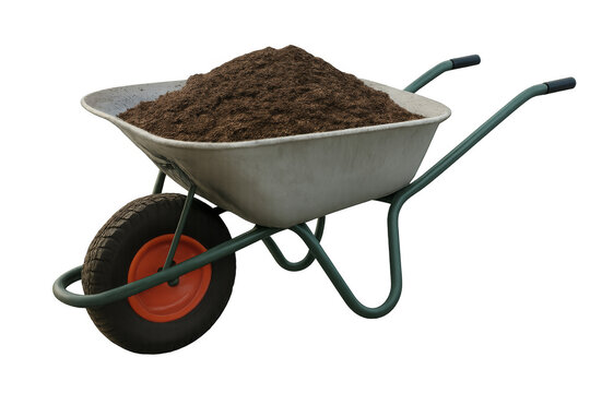 Wheelbarrow carrying soil on transparent background for gardening