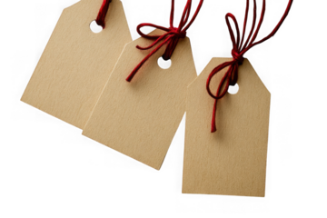 Kraft paper gift tags with red string mockup template, price tags, luggage tags, product tags, labels isolated on transparent background