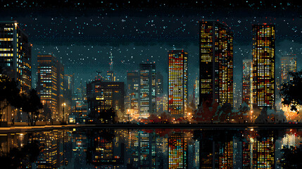 A 8 bit cityscape with glowing windows and a starry night sky