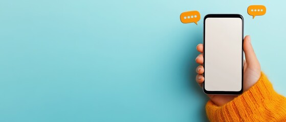 Hand holding smartphone with blank screen on blue background, text bubble for messaging, digital communication concept, social media interaction, modern technology.