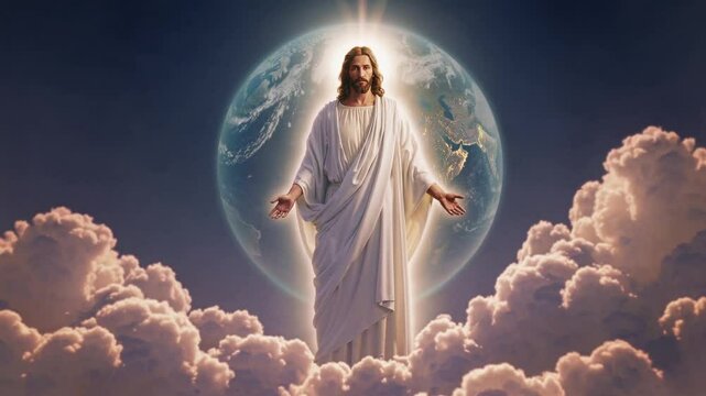 Jesus Christ emerging from glowing clouds with Earth behind Him, symbolizing divine authority, global salvation, second coming, spiritual power, and Christian hope for humanity