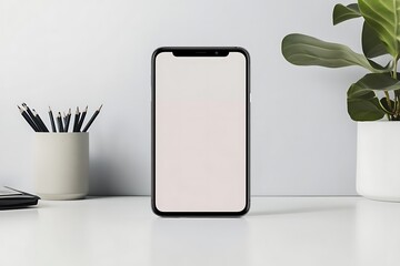 Modern smartphone mockup on white desk with plant and pencils
