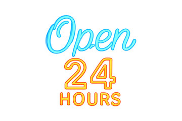 Neon sign open 24 hours on transparent background