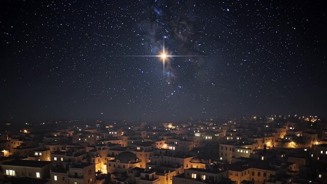 Star of Bethlehem glowing above ancient city skyline under Milky Way, symbolizing divine birth, Christmas hope, faith in prophecy, celestial sign, and sacred biblical narrative