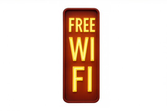 Illuminated free wifi neon sign is glowing on a transparent background